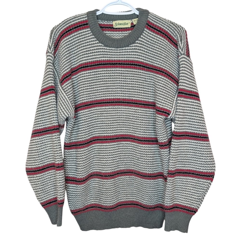 Vintage St. John’s Bay Striped Knit Sweater Grey Red Size Small